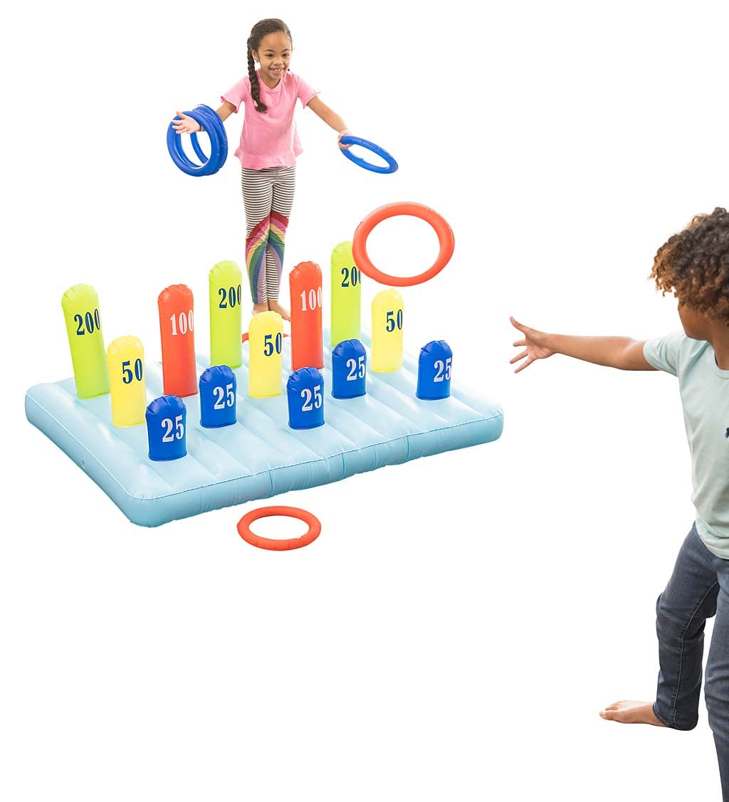 HearthSong Giant Inflatable Ring Toss Backyard Carnival Game with 60 Inch Vinyl Inflatable Scoring Mat with Scoring Posts, 8 Inflatable Rings Included