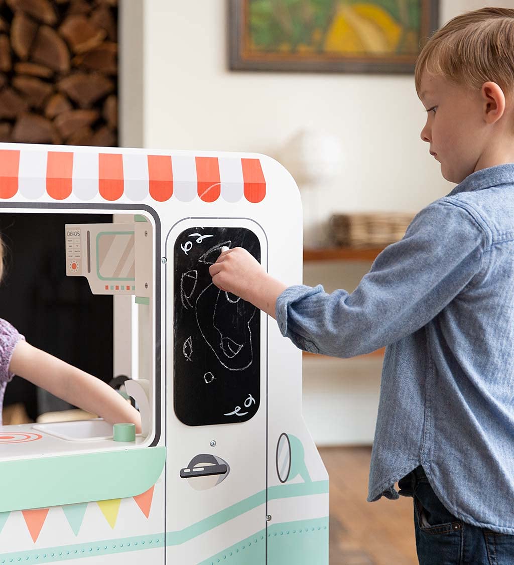 HearthSong Orders Up 4'L x 2'W x 3'H Pretend-Play Retro Wooden Food Truck Kitchen with Turning Knobs and Steering Wheel, Includes 12 Piece Wooden Culinary Play Set