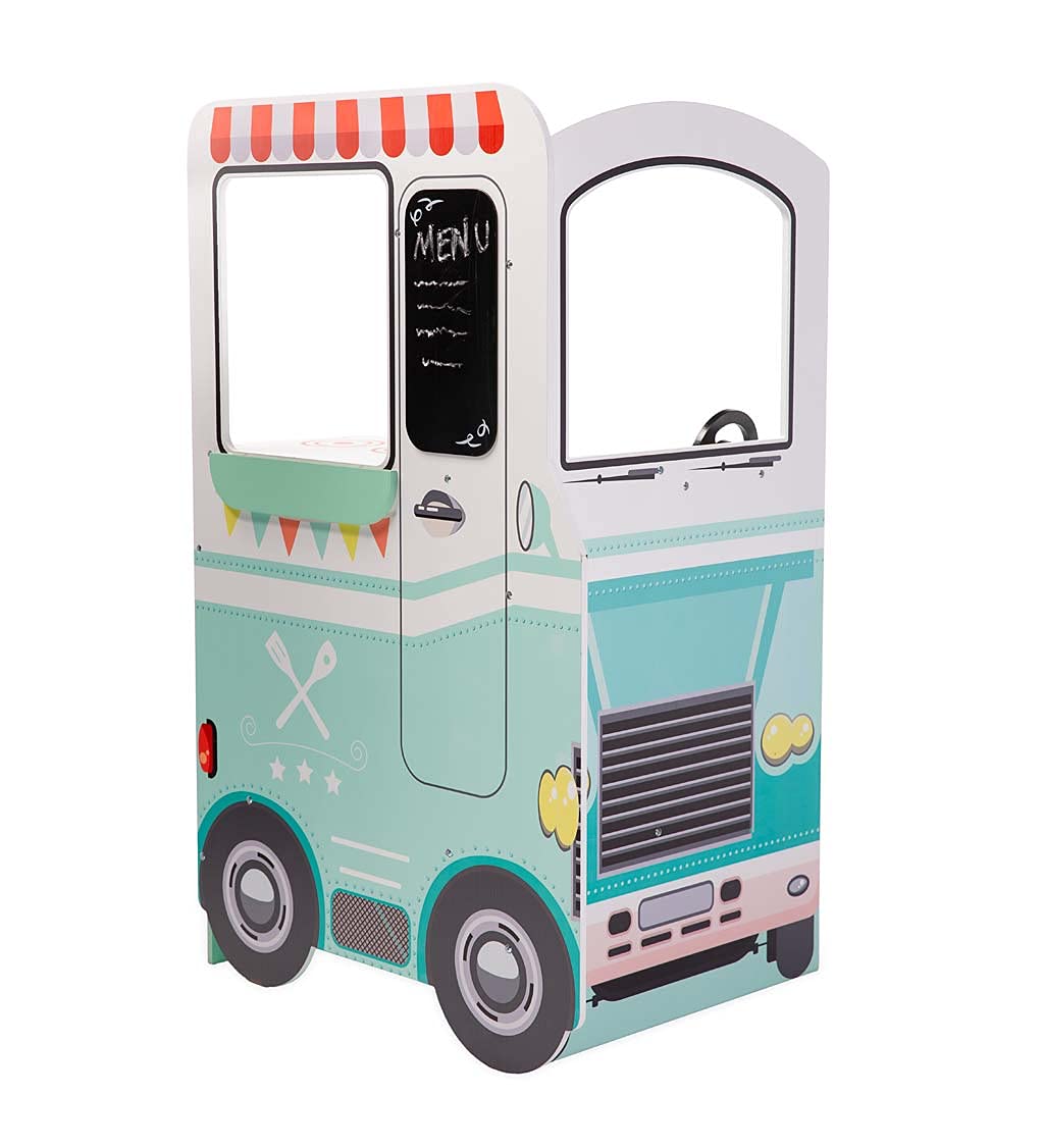 HearthSong Orders Up 4'L x 2'W x 3'H Pretend-Play Retro Wooden Food Truck Kitchen with Turning Knobs and Steering Wheel, Includes 12 Piece Wooden Culinary Play Set