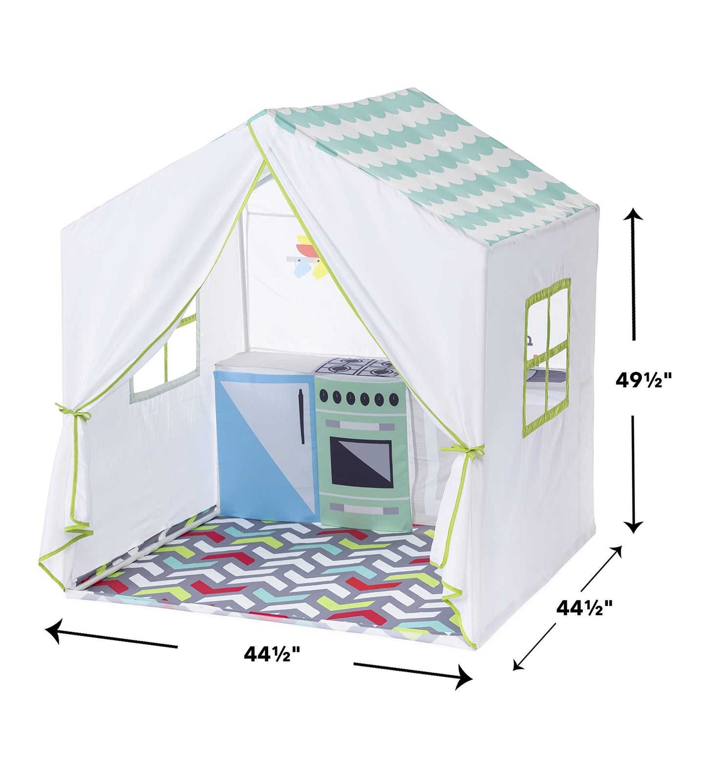 HearthSong 50 Inch Pretend Play Fabric Kitchen Playhouse Tent with Cabinets and Shelf, Open Windows, and Printed Details