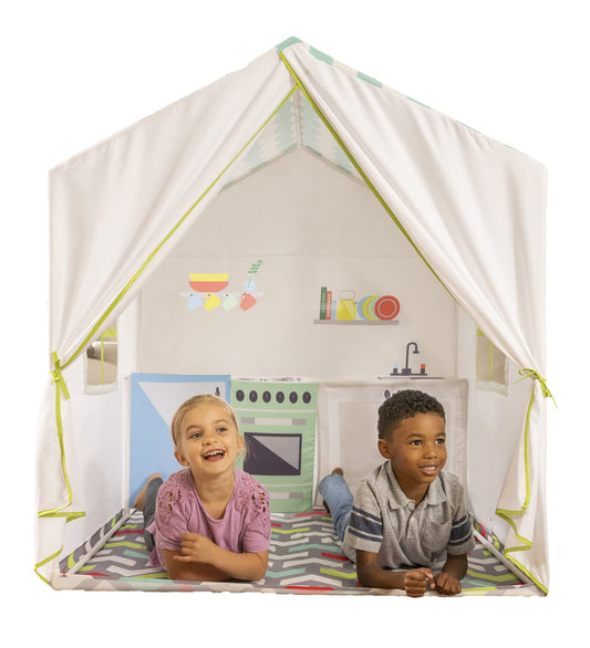 HearthSong 50 Inch Pretend Play Fabric Kitchen Playhouse Tent with Cabinets and Shelf, Open Windows, and Printed Details