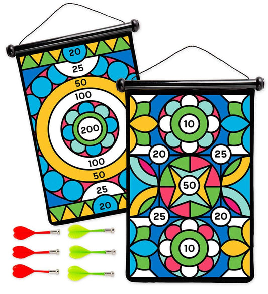 HearthSong Double-Sided Magnetic Canvas Kids' Target Game for Portable Play, Includes Six Magnetic Darts (Geometric)