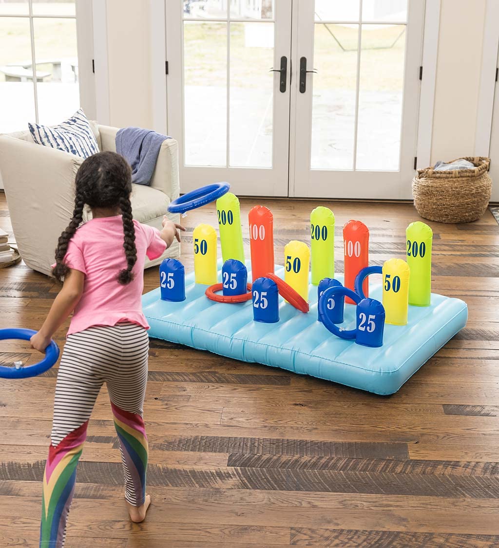 HearthSong Giant Inflatable Ring Toss Backyard Carnival Game with 60 Inch Vinyl Inflatable Scoring Mat with Scoring Posts, 8 Inflatable Rings Included