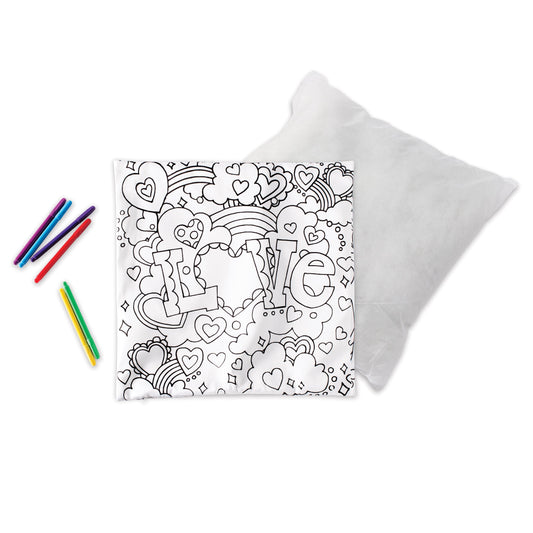 HearthSong Color Pops Color-Your-Own Pillow Kit for Kids, 15" sq. Machine Washable Canvas Pillow Cover, Pillow Insert, and Six Washable Markers, Heart