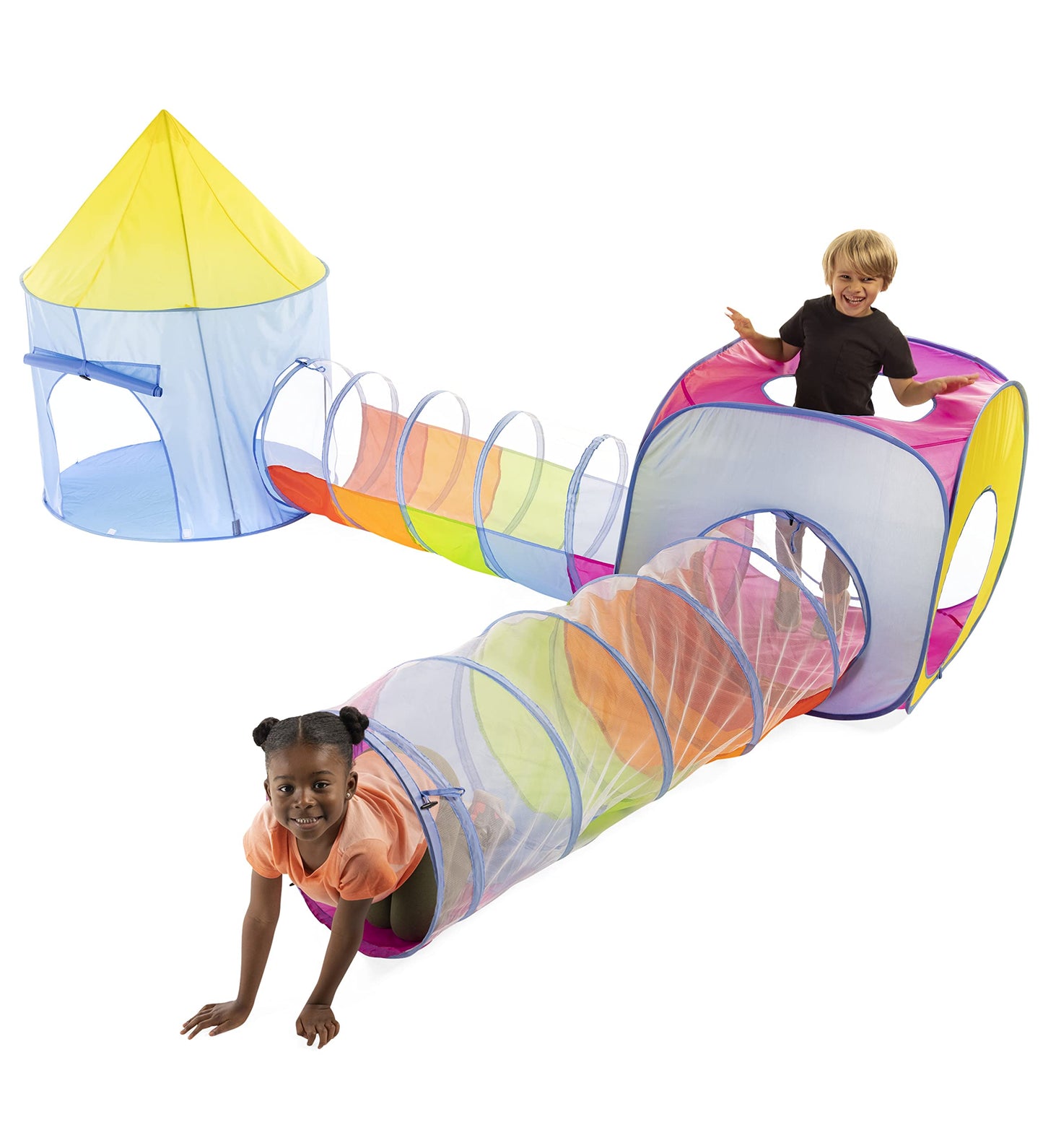 HearthSong 4 Piece Pop Up Rainbow Play Tents (2) and 5 Feet Long Tunnels (2) with Mesh Tops, for Indoor and Outdoor Play, Storage Bag Included