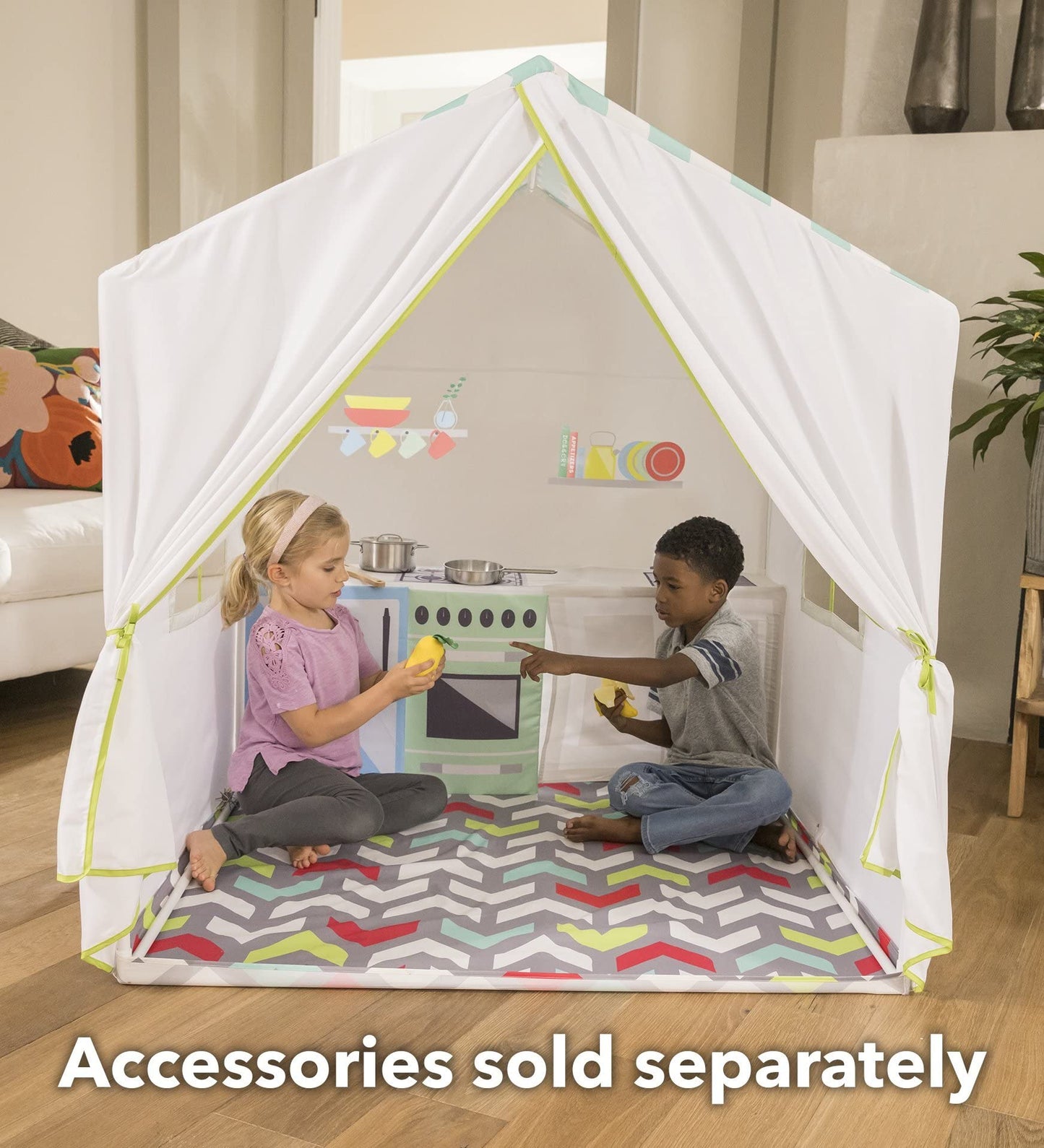 HearthSong 50 Inch Pretend Play Fabric Kitchen Playhouse Tent with Cabinets and Shelf, Open Windows, and Printed Details