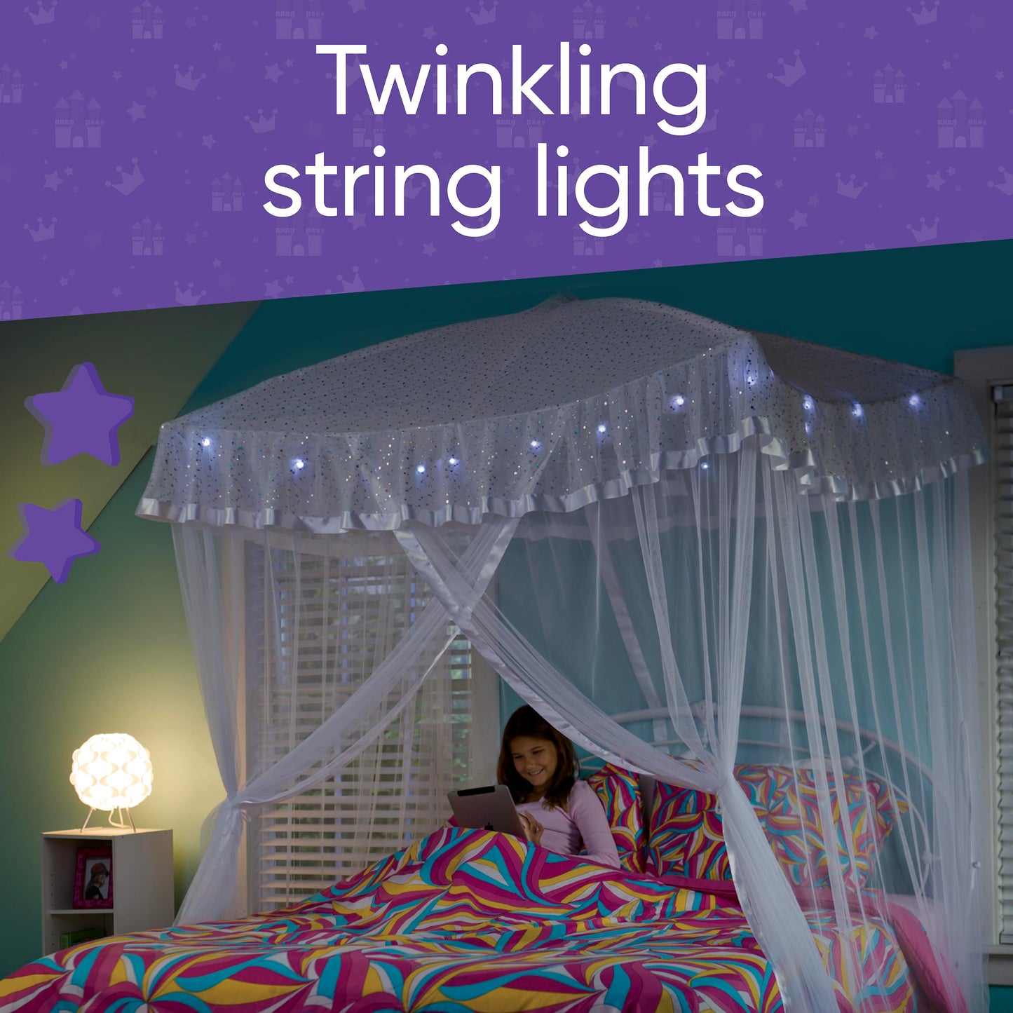 HearthSong Sparkling Lights Light-Up Bed Canopy for Twin, Full, or Queen Beds, 58" L x 50" W. White