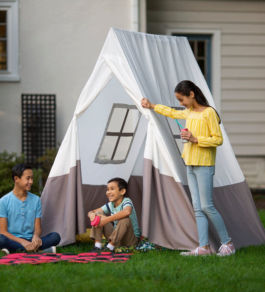 HearthSong Kids' 7-Foot A-Frame Indoor & Outdoor Canvas Tent with Sturdy Metal Poles and Two Windows