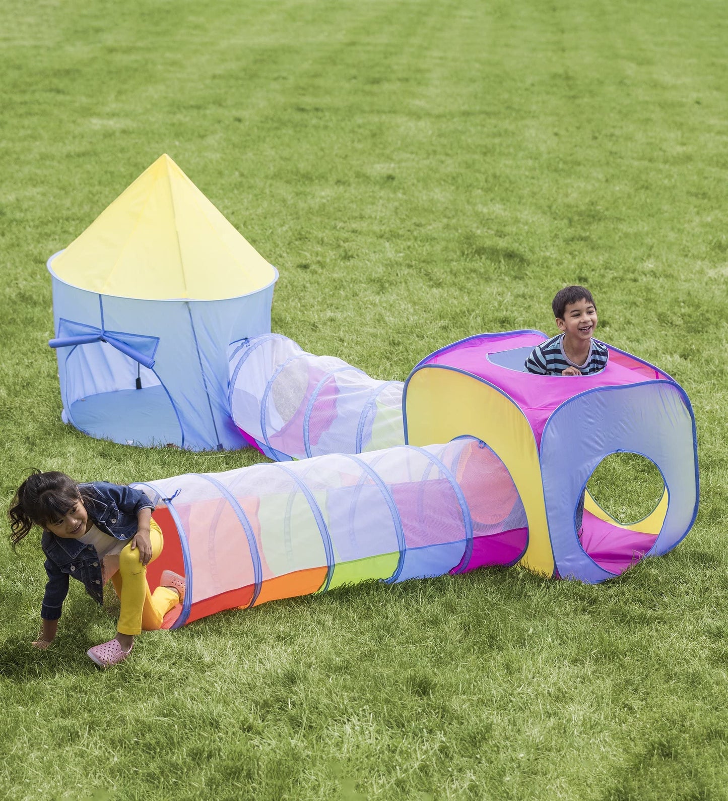 HearthSong 4 Piece Pop Up Rainbow Play Tents (2) and 5 Feet Long Tunnels (2) with Mesh Tops, for Indoor and Outdoor Play, Storage Bag Included