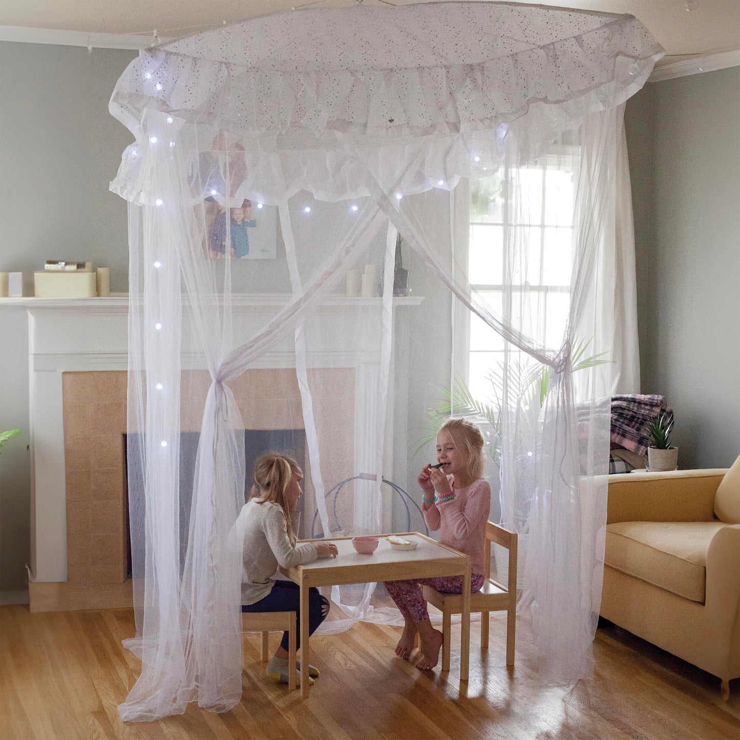 HearthSong Sparkling Lights Light-Up Bed Canopy for Twin, Full, or Queen Beds, 58" L x 50" W. White